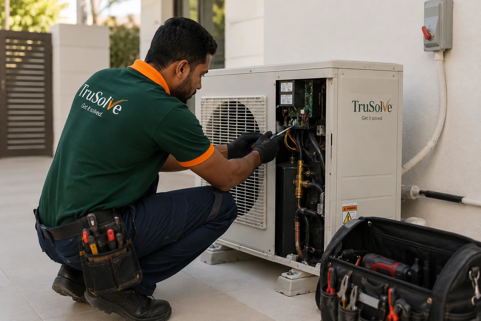 TruSolve technician servicing villa air conditioning equipment