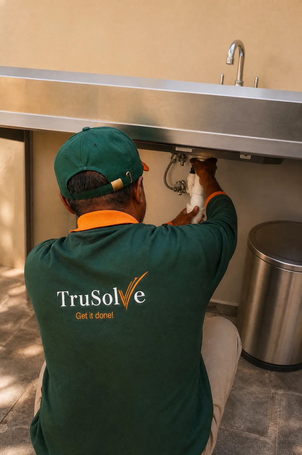 TruSolve technician repairing plumbing beneath a villa sink
